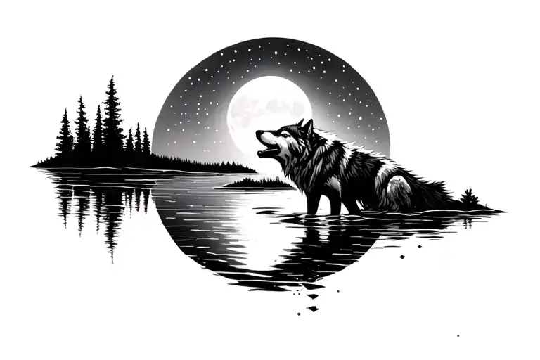 Wolf Howling Into Moonlight Lake Scene