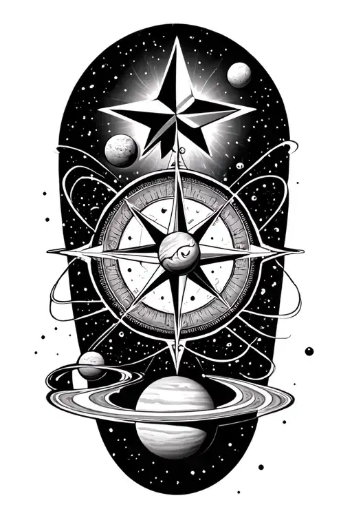 Nautical Star Compass With Planets And An Atom Strucuture