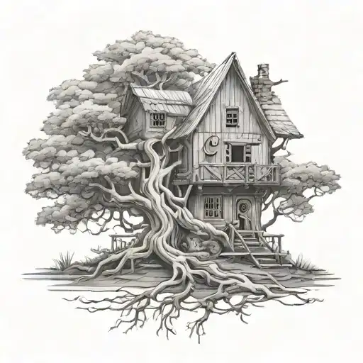 Life Oak Tree Inverted House In Fool With Rune Compass Surrounded