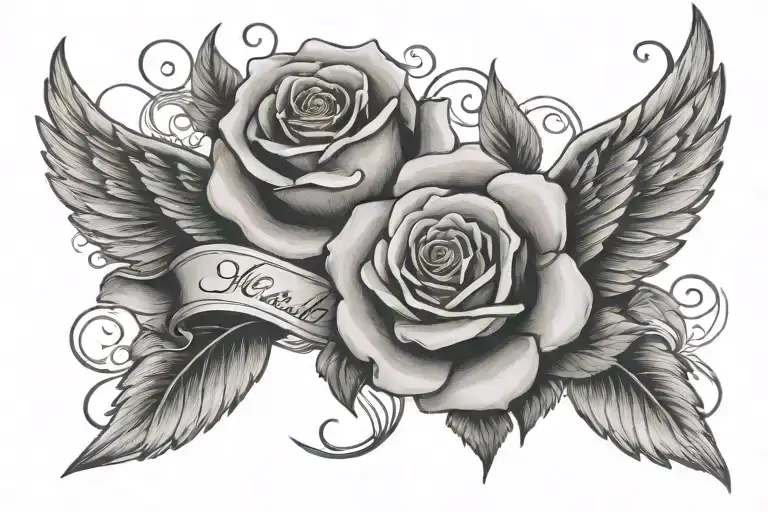 Rose With Banner For Name With With Wings On Both Sides For Chest