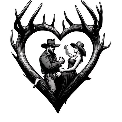 Heart Made Of Deer Antlers With Cowboy Holding A Cowgirl In The Middle