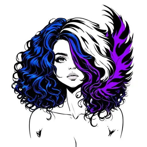 Girl With 2B Blue Raven Curly Hair And Bright Purple Skunk Stripes