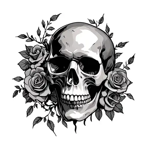 Skull Reclaimed By Nature Vines And Decay Roses