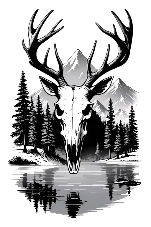 Mountains And Trees With Lake And Elk Skull With Antlers