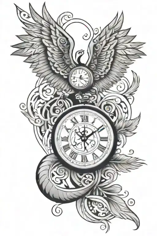 Polynesian Tattoo Including Wings Spread Wide And Time Clock