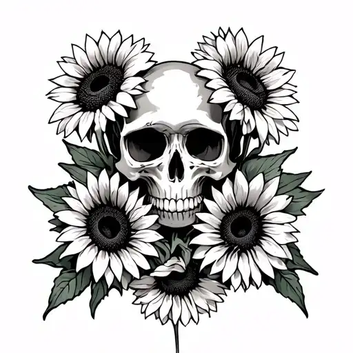 Skull And Sunflowers Intertwined Under Breast