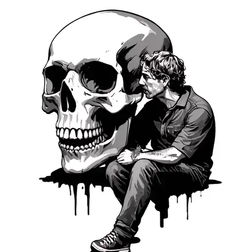Large Skull With Man Sitting Infront