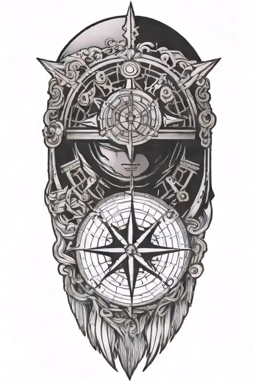 A Blackwork Tattoo Of A Compass Rose With Contour Lines And Samurai Helmet