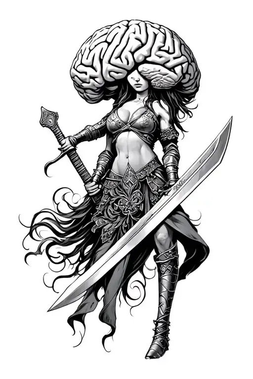 Warrior Woman Holding Sword With A Brain On It