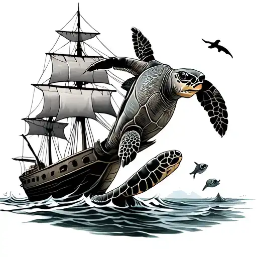 Ship Wreck And Sea Turtle Swimming