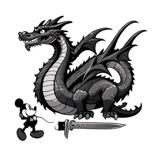 Dragon With Long Body And Mickey Mouse And Table Knife