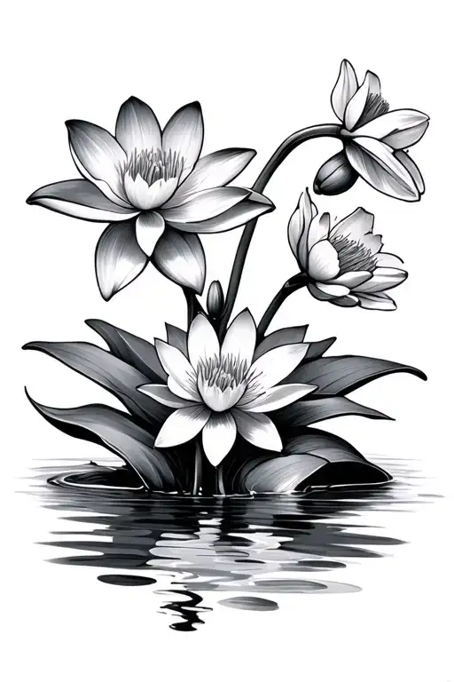Water Lily Flower And Narcissus Flower Connected By Stem