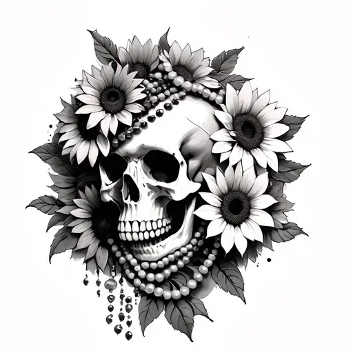 Half Skull And Sunflowers And Beads Intertwined Under Breast