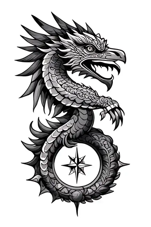 Aztec Quetzalcoatl With Compass Rose Intertwined