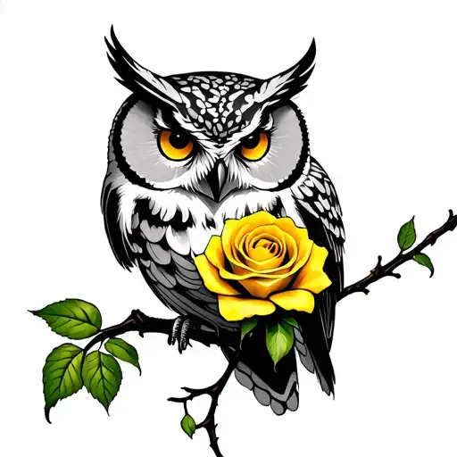 Owl Holding Yellow Rose Intertwined