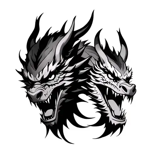 Two Seperate Parts Of Oni Mask And Dragon Coming Out Between The Two