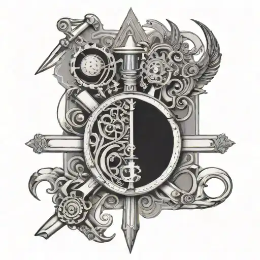 Intricate Tattoo Featuring A Designer's Tools Intertwined With Biblical Imagery