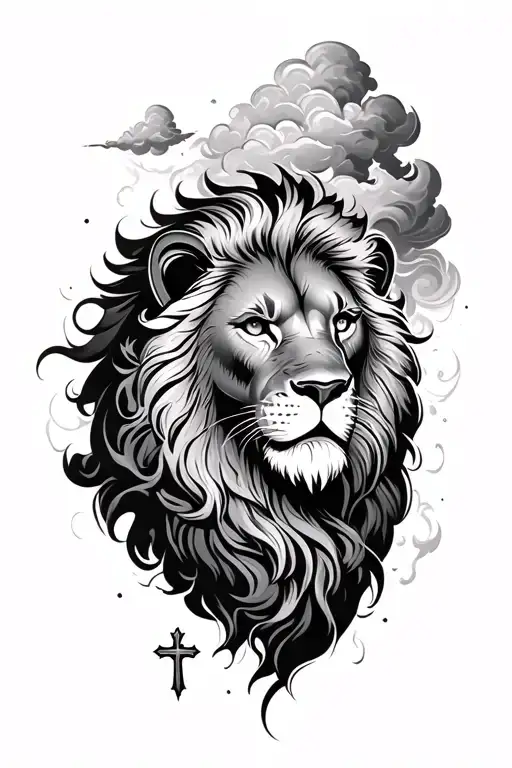 Has Some Clouds That Fade Up From The Elbow With A Realistic Lion And A Cross