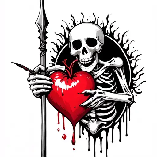 Skeleton Holding Spearing Pointed At A Bleeding Heart