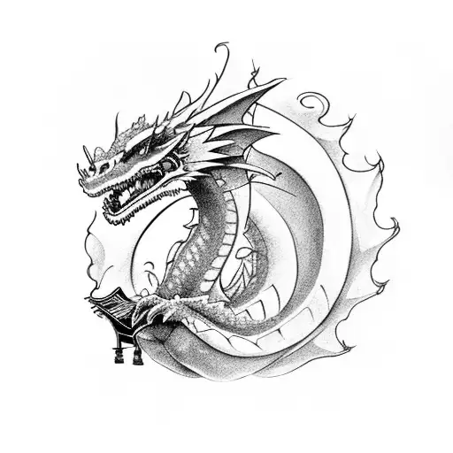 A Majestic Dragon Playing A Piano In A Black-grey Style