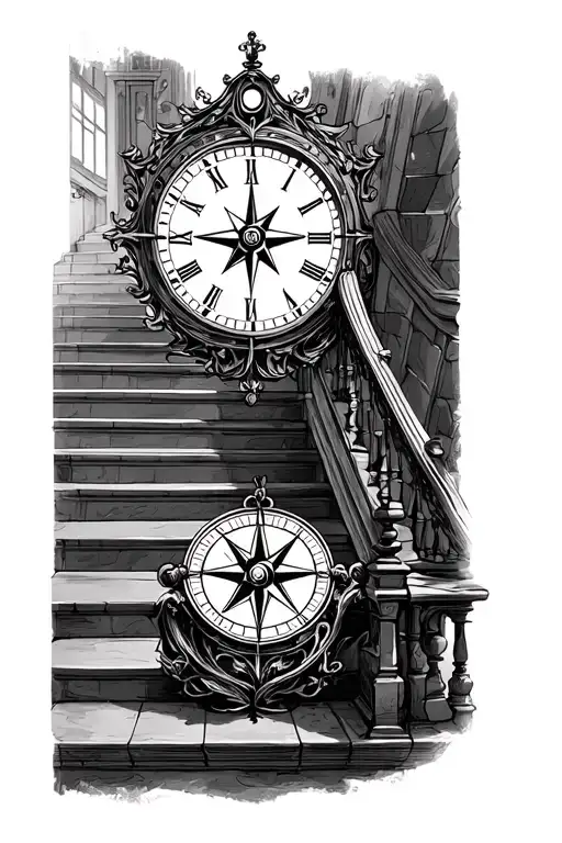 Navigation Compass At The Base Of Stairs Leading To A Clock Face