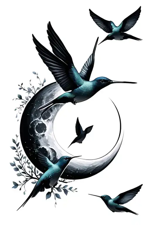 Moon Phase Design With Hummingbirds Flying