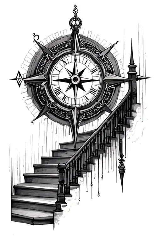 Compass At The Base Of Stairs Leading To A Clock Inside