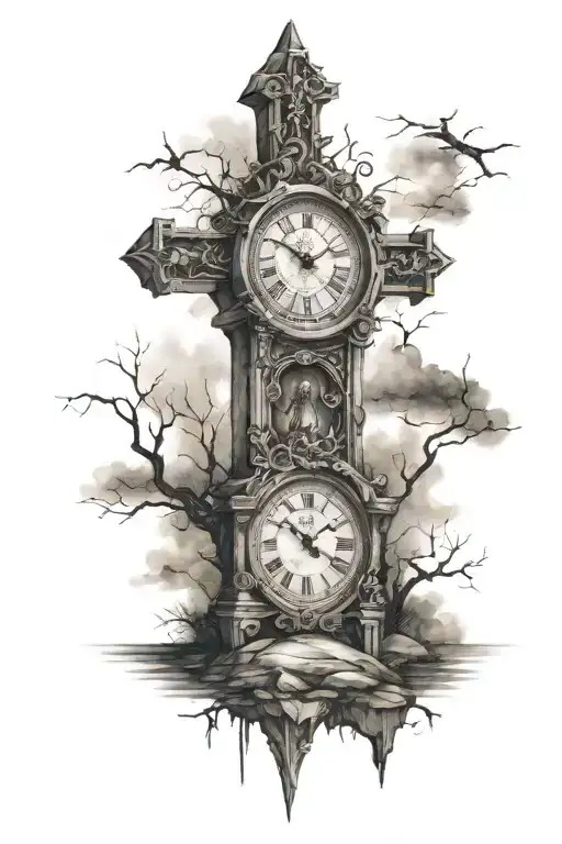 Three Crosses On A Hill Surrounded By Clock