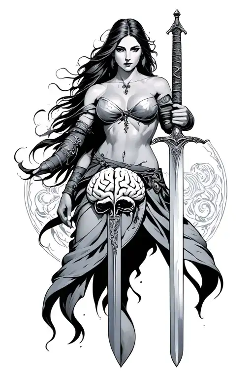 Warrior Woman Holding Sword With A Brain On The Sword