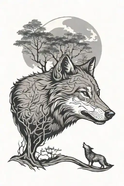 Wolf Howling Tree Surrounded