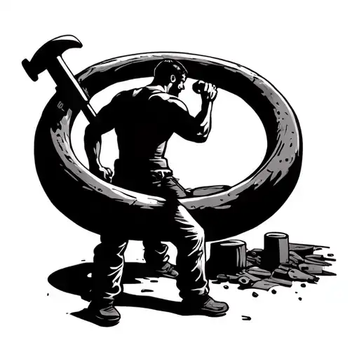 Shadow Of A Man Standing In A Ring And Working On A Ring With Hammer And Chisel