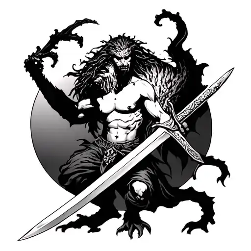 Half-naked Sculpture With Sword Defeats Monster