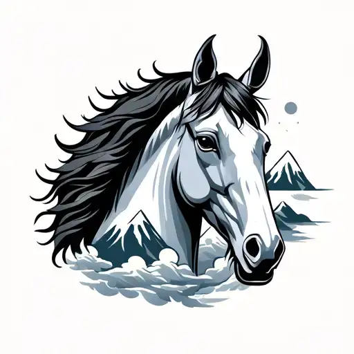 Framed Horse Head With Mountains And Clouds