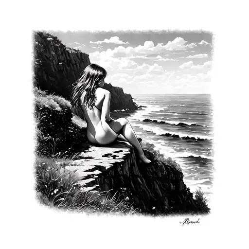 Girl Sitting On Cliff Overlooking The Ocean