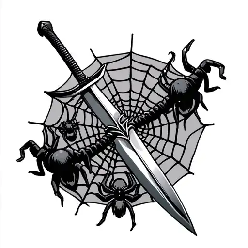 Spider Web Around A Sword With Spiders In It