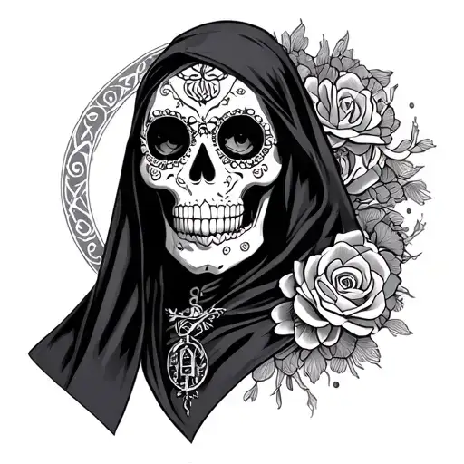 Sugar Skull With Gemini Symbol In Black Robe