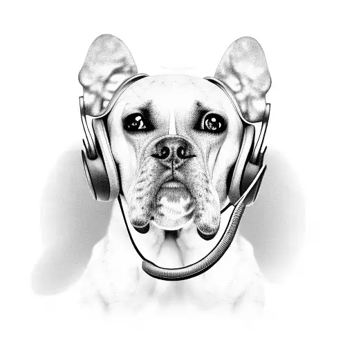 A Black And Grey Portrait Of A Dog Wearing A Video Game Headset