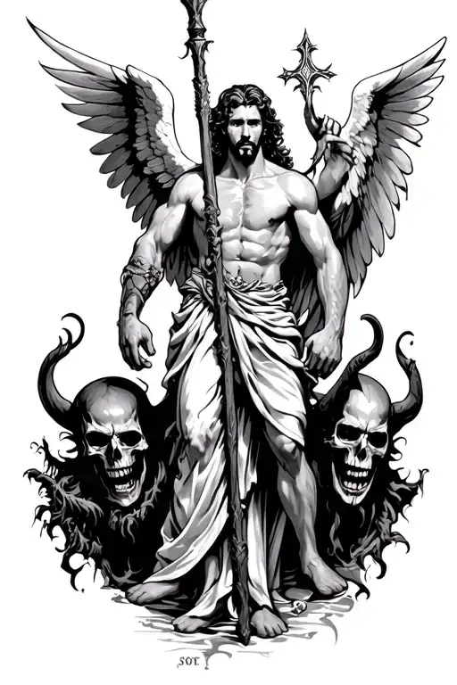 Worrier Man Angel With A Staff And The Devil With Evil Skulls And Demons In The Background