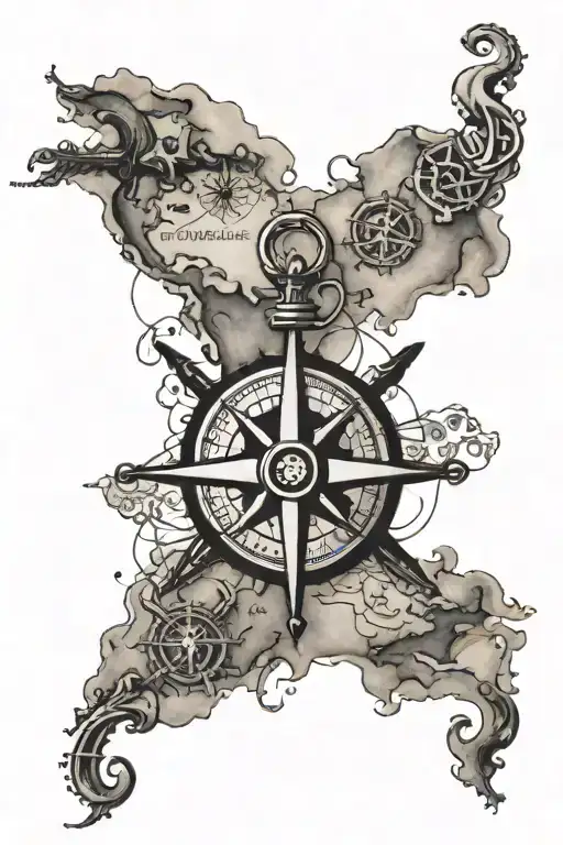 Old World Map With Compass Point And Anchor Intertwined