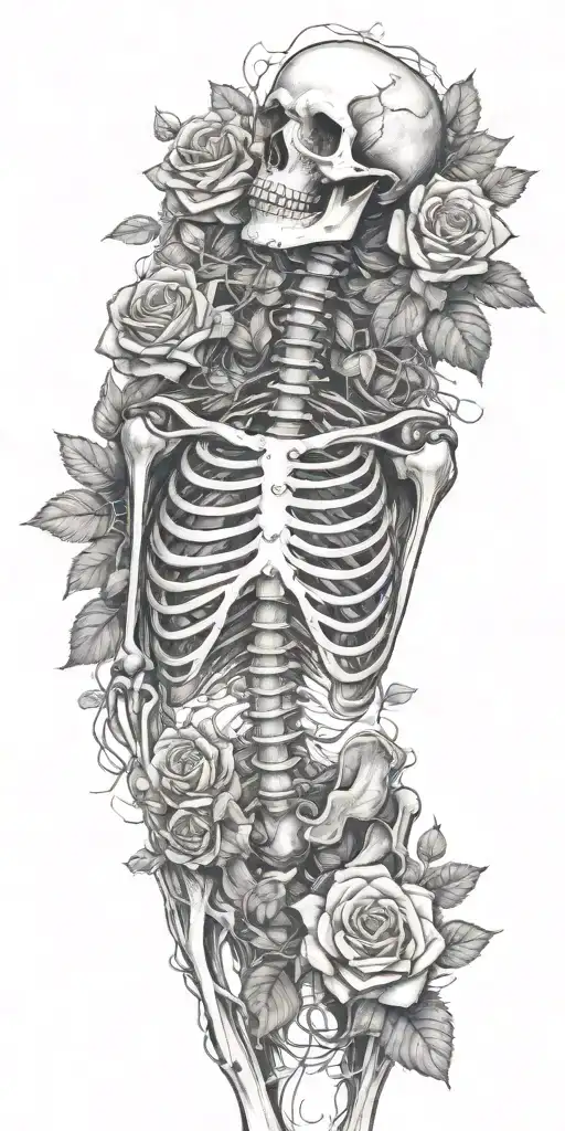A Full Skeleton With Ribs Arms Legs Laying In A Rose Bed Wrapped In Vines And Flowers