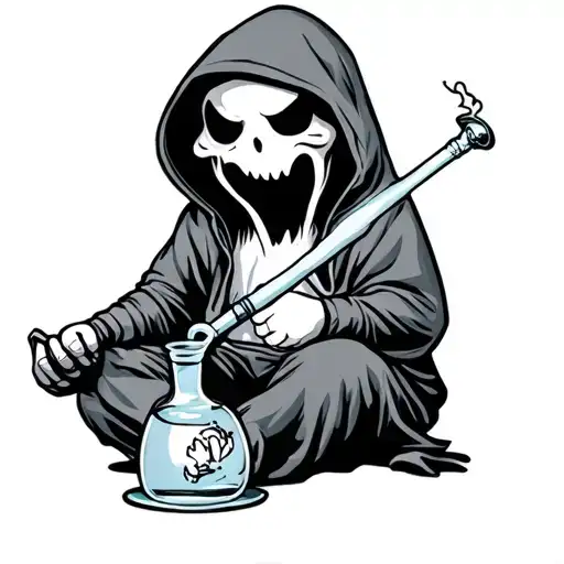 A Small Ghost Holding A Bong On His Lap Wearing A Hood