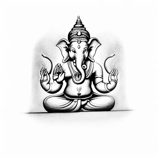 A Powerful Black And Grey Tattoo Of Lord Ganesha Meditating With A Business Briefcase Beside Him