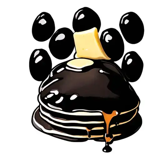 Stack Of Pancakes With Syrup Dripping And Butter Pad In The Shape Of Cat Paw Print