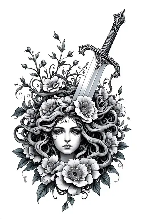 Medusa Sword And Flowers