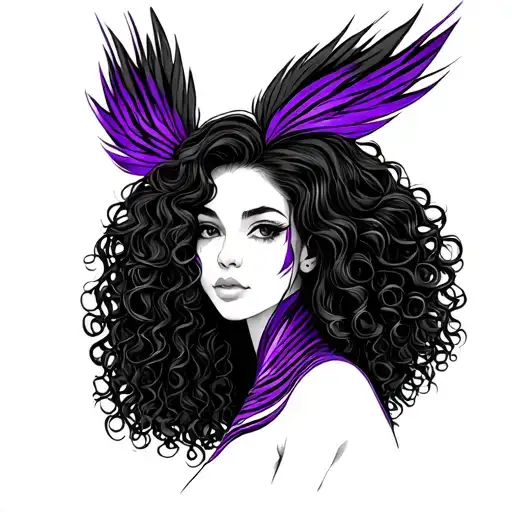 Girl With 3B Raven Curly Hair And Bright Purple Skunk Stripes