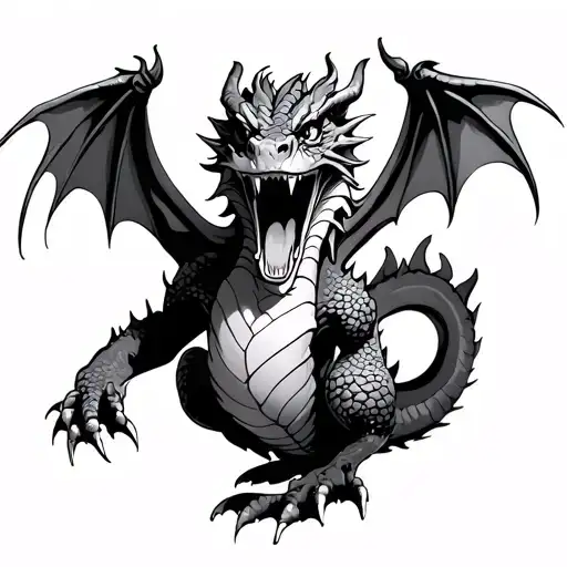 Dragon With Dual Mouths Surrounded By Body Scaled And Wings Spread
