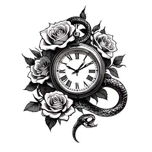Snake And Roses With A Clock
