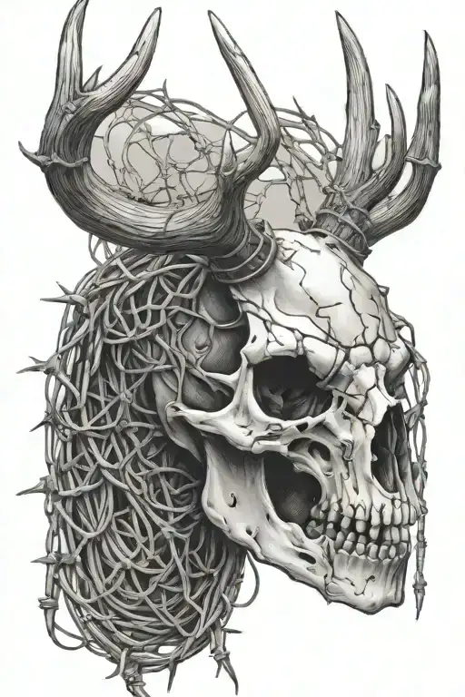 Deer Skull Wrapped With Barbed Wire At Top