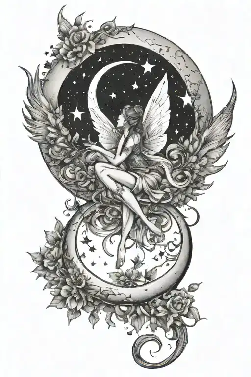 Crescent Moon Surrounded By Stars With Fairies