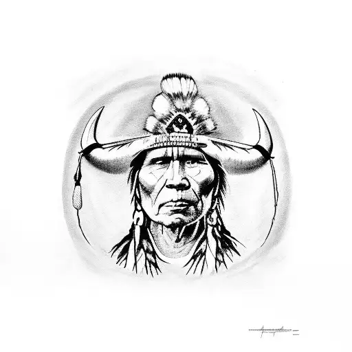 Native American Chief Wearing A Cowboy Hat And Holding A Bull Skull